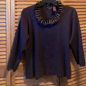 Colour Works Chocolate Brown Knit Sweater with Brown/Tan Faux Fur Trim